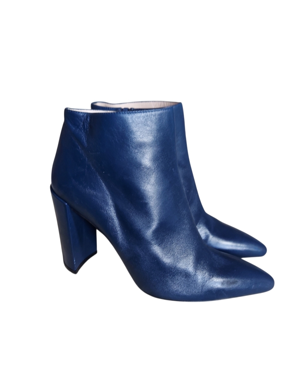 Stuart Weitzman Navy Leather Ankle Boots 6.5 Pointed Toe Block Heel Booties